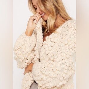 Chicwish Ivory Bobble Knit Cardigan Chunky Wool Blend Open Front